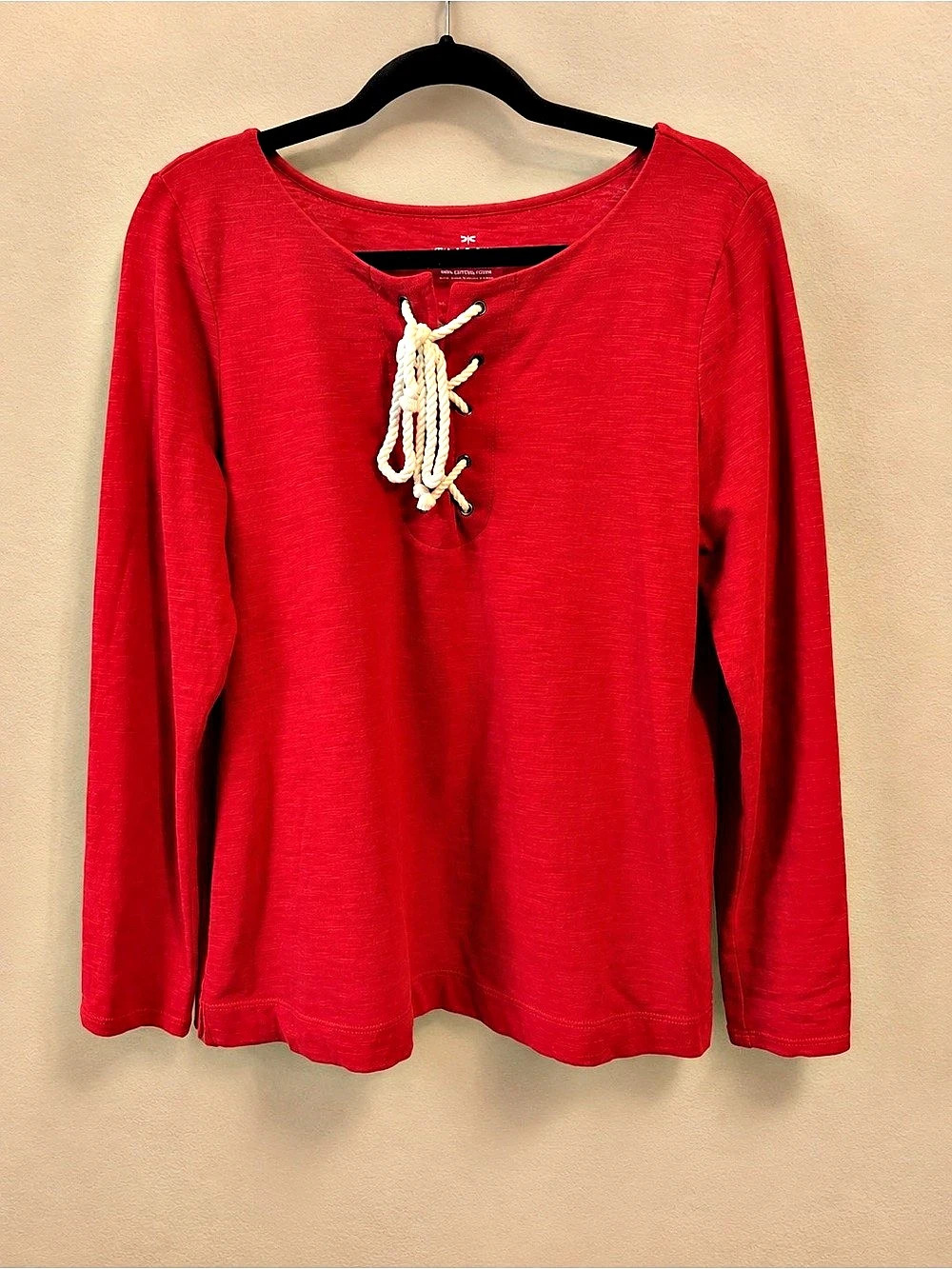 Talbots Red Lace-Up Long-Sleeve Cotton Knit Top Medium